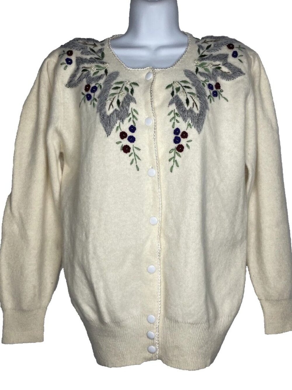 Vintage 80s Ivory Floral Embroidered Beaded Fuzzy Cardigan Sweater